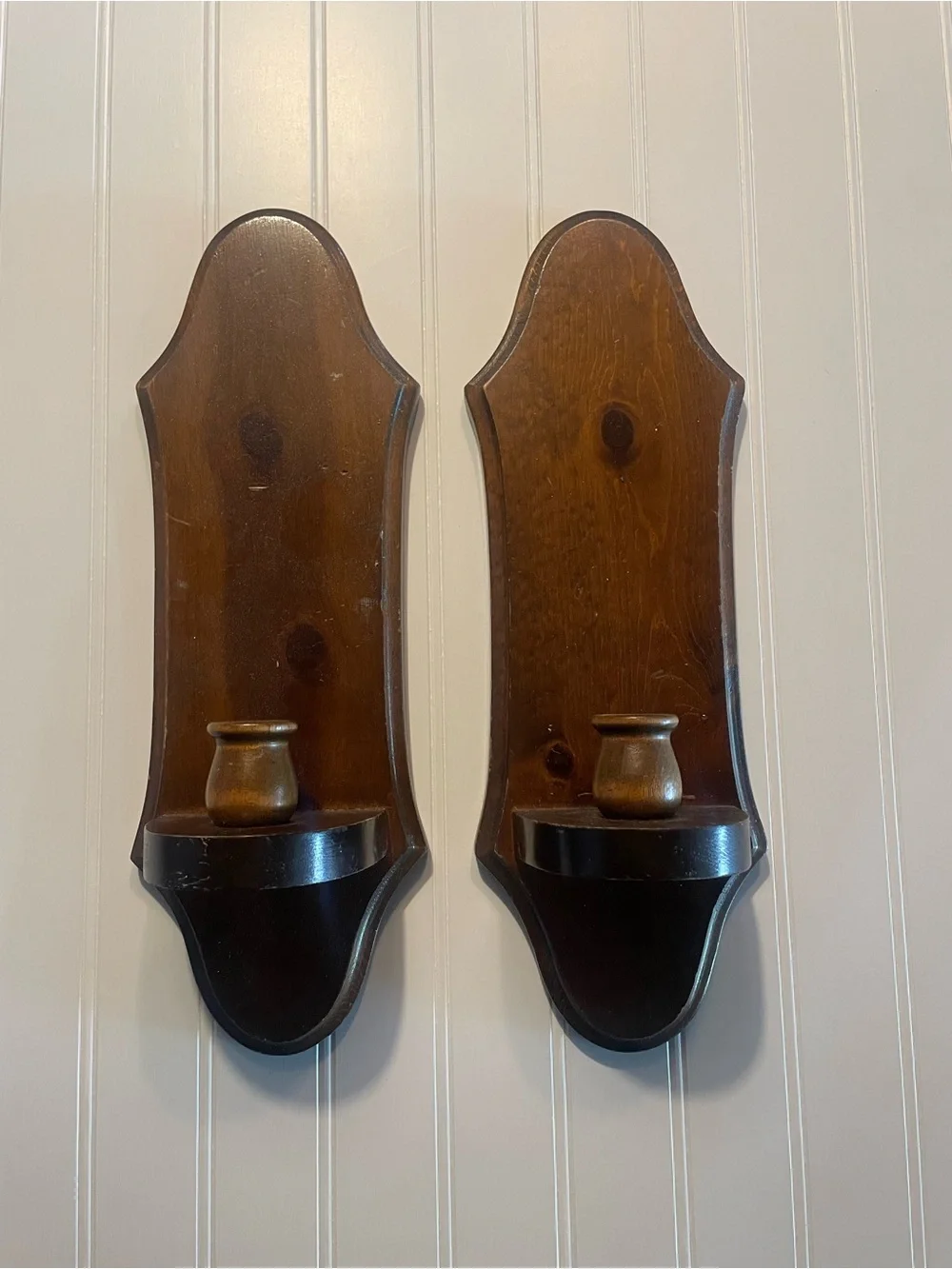 Vintage Wooden Wall Sconces in Dark Brown Walnut - Set of 2 #0215